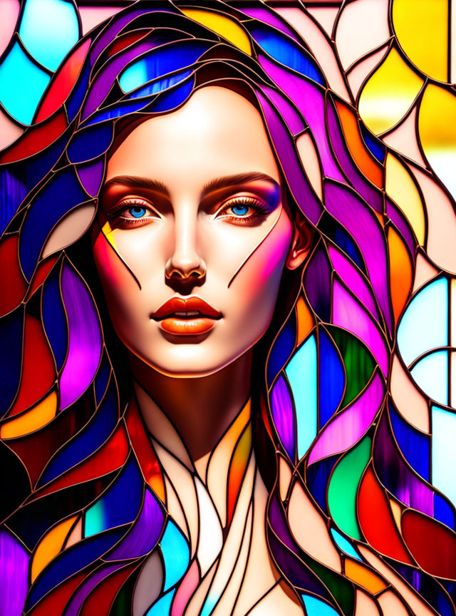 Colorful Stained Glass Hair on Woman in Digital Portrait