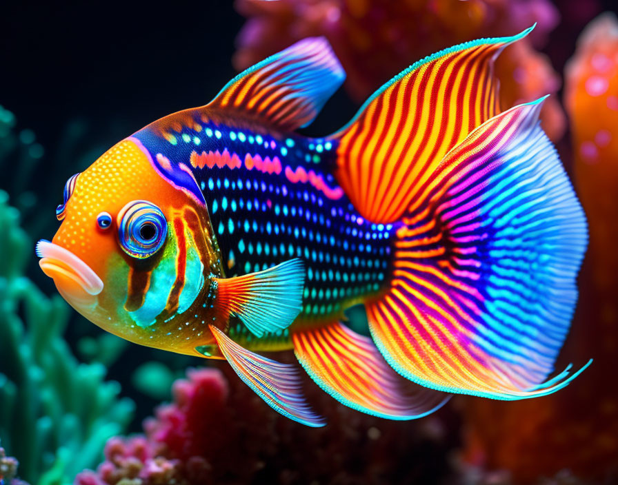 Colorful Mandarinfish Swimming Near Coral with Multi-Colored Scales