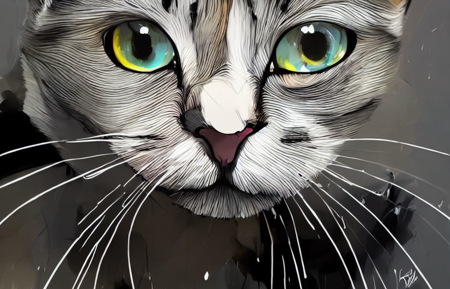 Close-Up Digital Art of Cat's Face with Striking Yellow and Green Eyes