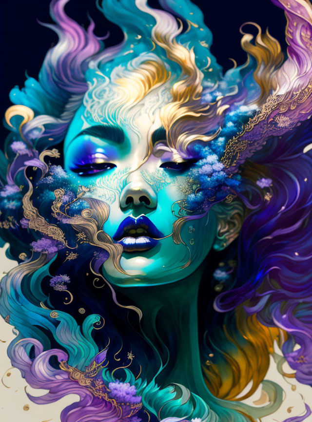 Colorful digital portrait of a woman with ornate patterns and flowing hair.