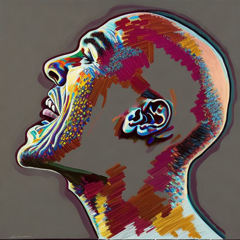 Multicolored abstract human head profile with dynamic digital glitch patterns