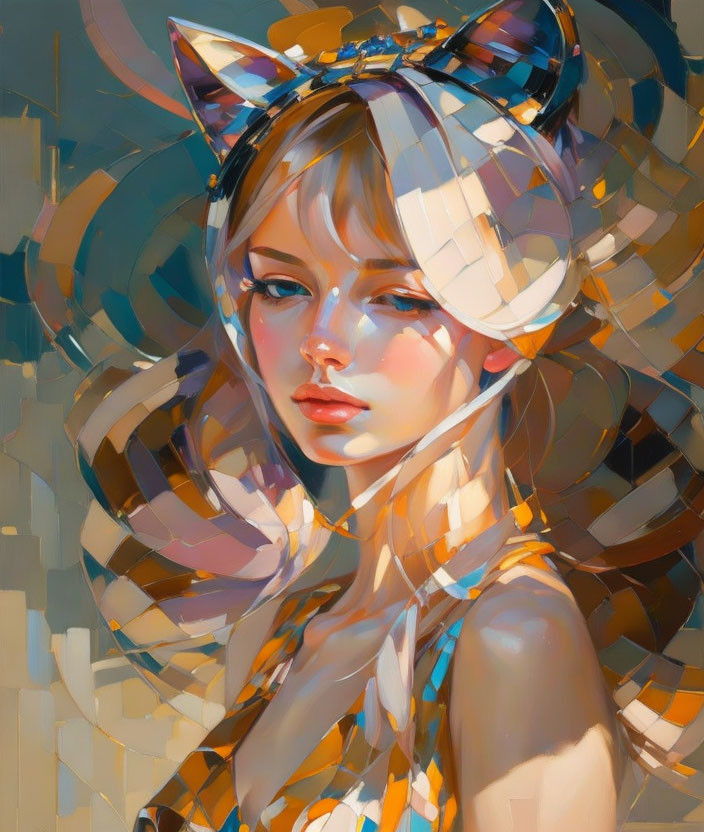 Stylized portrait of a girl with blue eyes and cat-ear headband in warm-toned