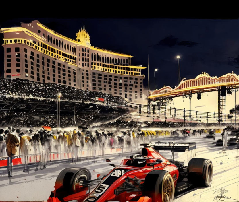 Colorful Formula One car racing artwork at night with spectators and grand buildings.