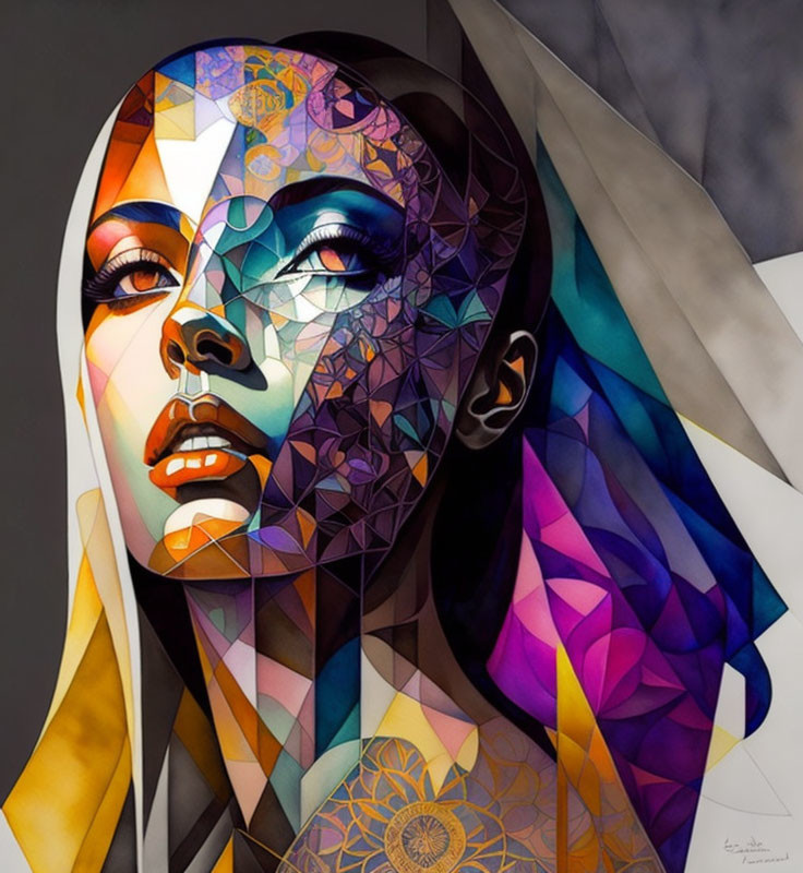 Colorful Geometric Portrait of Woman: Split Realistic & Abstract Aesthetic