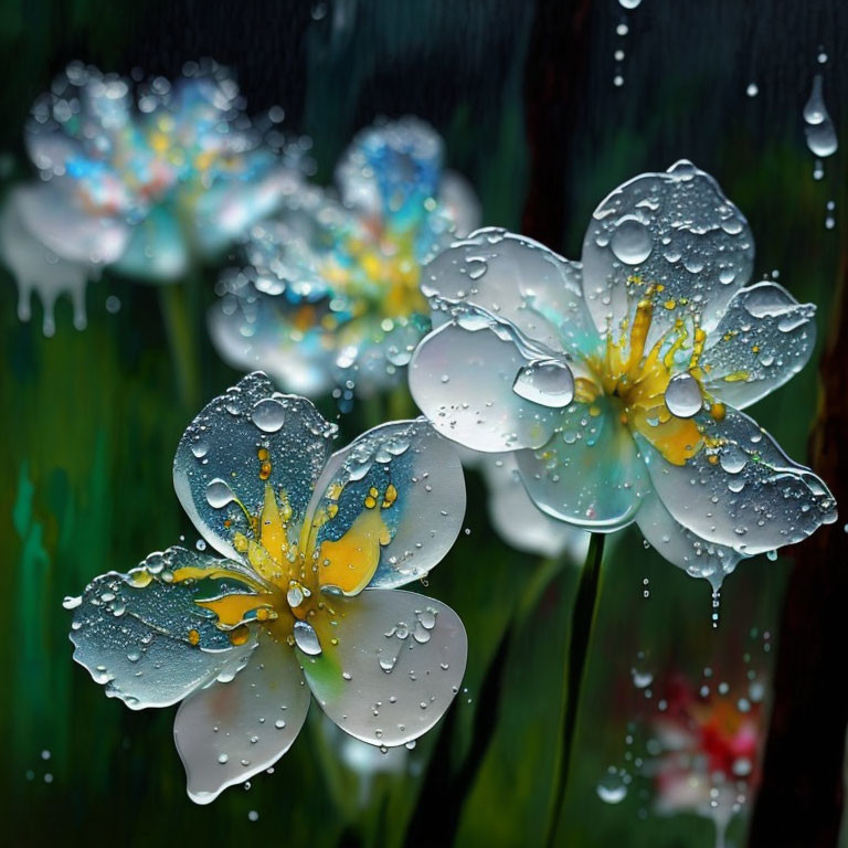 Transparent flowers with water droplets on blurred green background