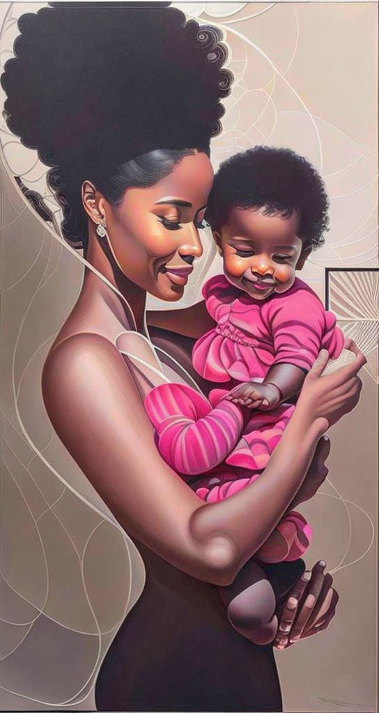 Stylized painting of woman with elegant updo holding baby in pink outfit