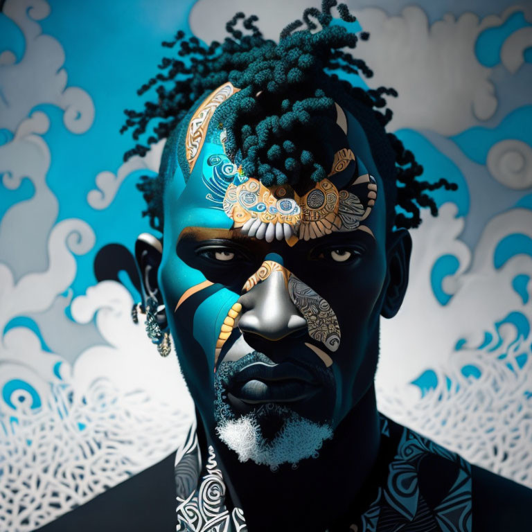 Detailed Stylized Portrait with Facial Tattoos and Blue Background