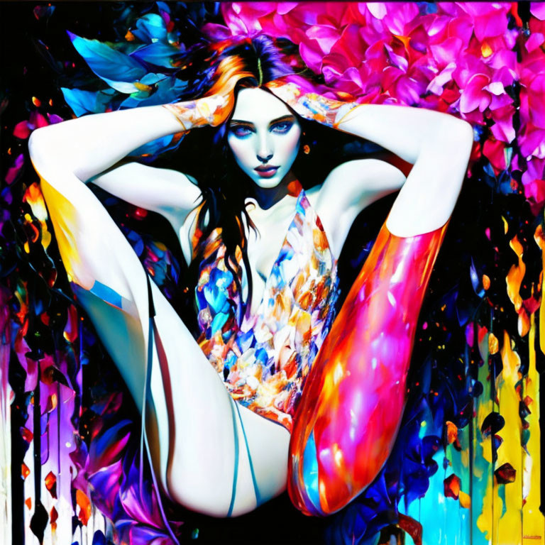 Colorful Artwork: Stylized Woman with Blue Eyes Surrounded by Flowers