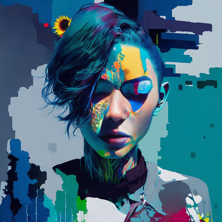 Vibrant glitch effect digital artwork of a woman with blue and yellow colors