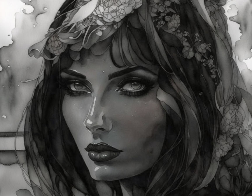 Monochrome illustration of a woman with intense eyes and floral headpiece in shaded, artistic style