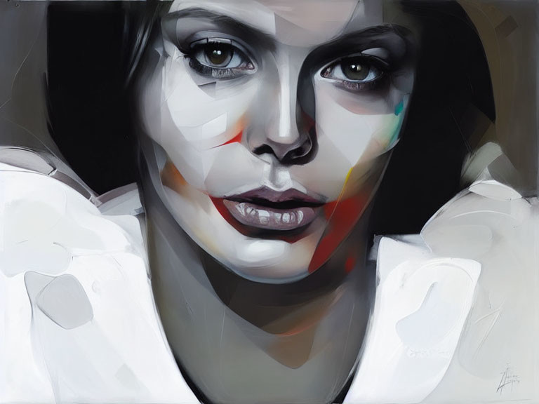 Stylized portrait of a woman in grayscale with splashes of color