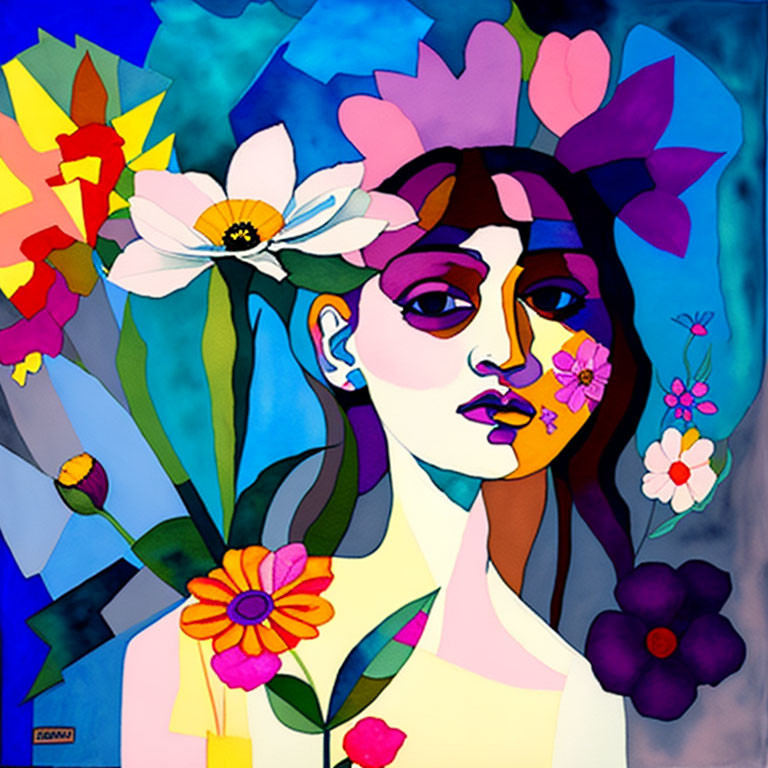 Vibrant stylized portrait of a woman with floral elements on blue background