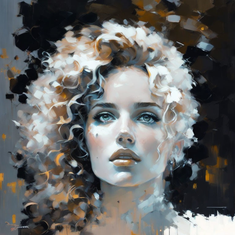 Blonde woman with curly hair in front of dark abstract background