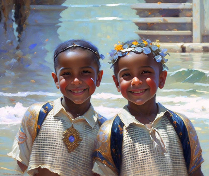 Smiling children in floral crowns by water feature