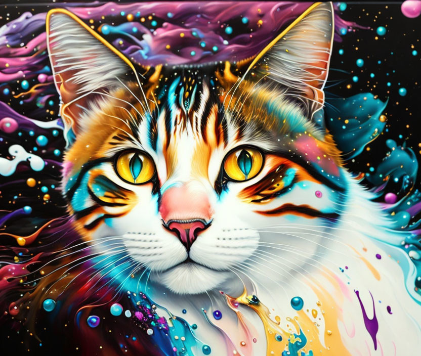 Colorful Cat Artwork with Yellow Eyes and Cosmic Patterns