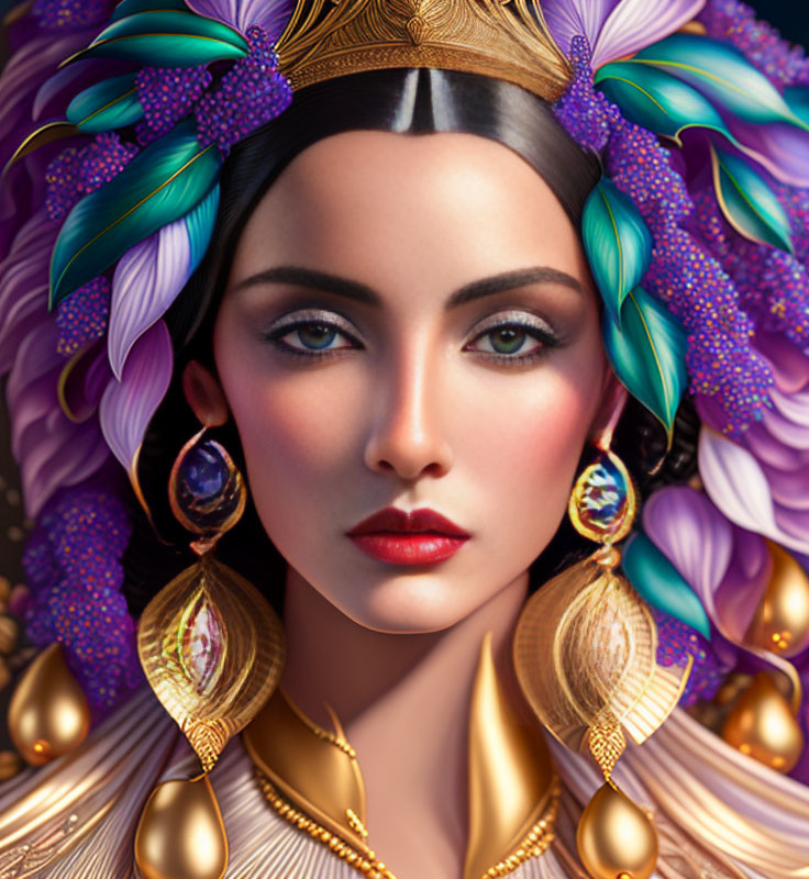 Vibrant digital artwork of woman with golden jewelry and colorful headdress