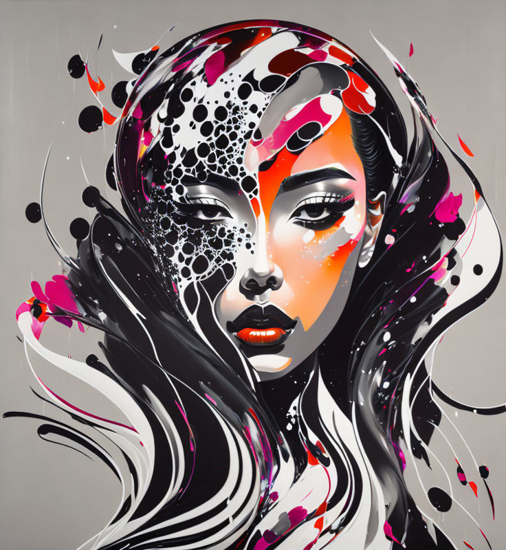 Abstract portrait of a woman with striking makeup and splattered paint on grey background