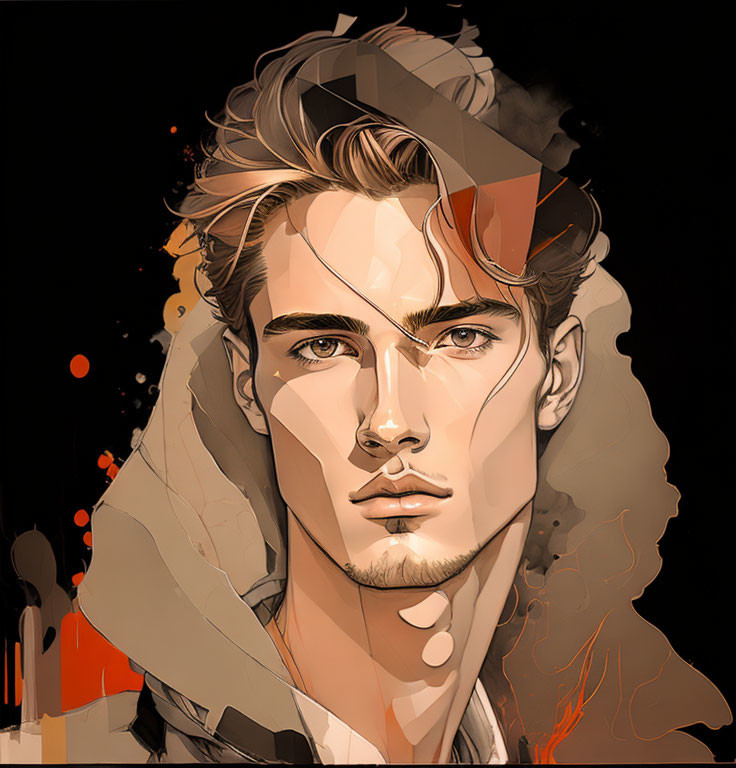 Stylized illustration of a young man with intense gaze and abstract orange elements