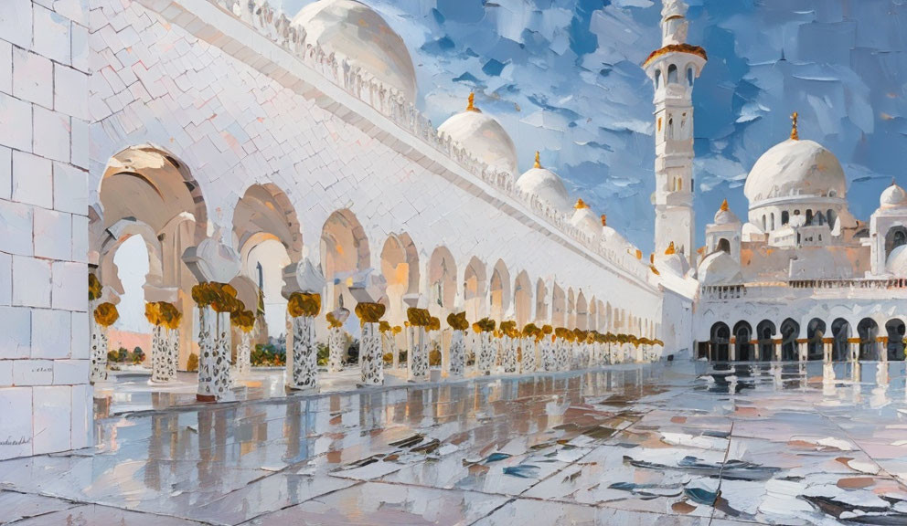 Sheikh Zayed Grand Mosque oil painting with reflective courtyard and ornate arches