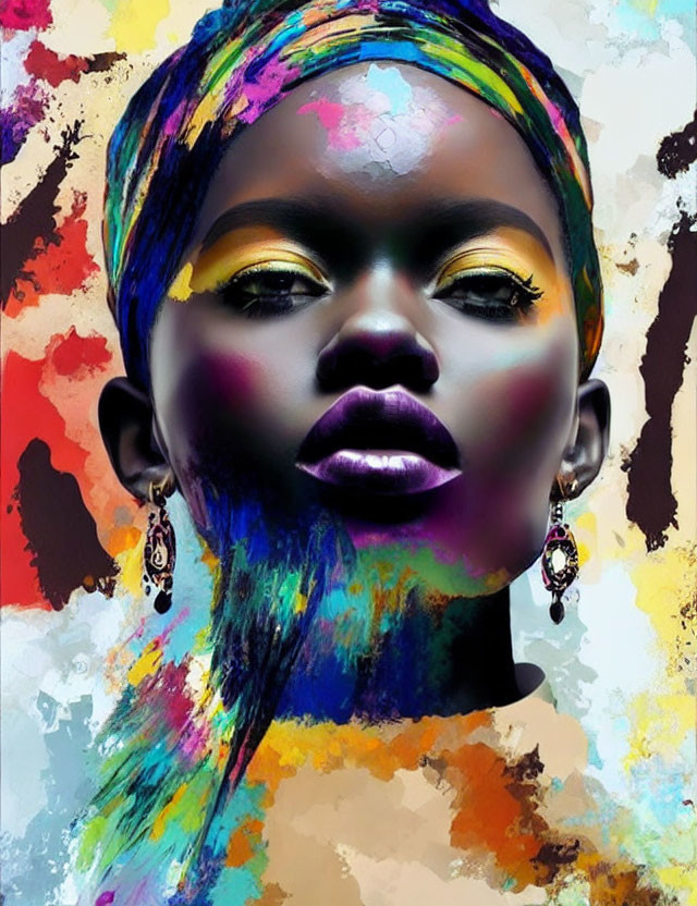 Colorful portrait of woman with paint strokes, headscarf, bold makeup