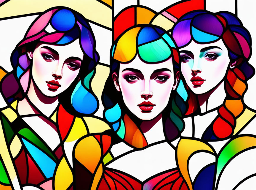 Colorful Stylized Female Faces on Yellow Background