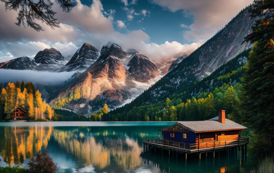 Tranquil lake scene with wooden cabin, mountains, autumn trees, and dramatic sky