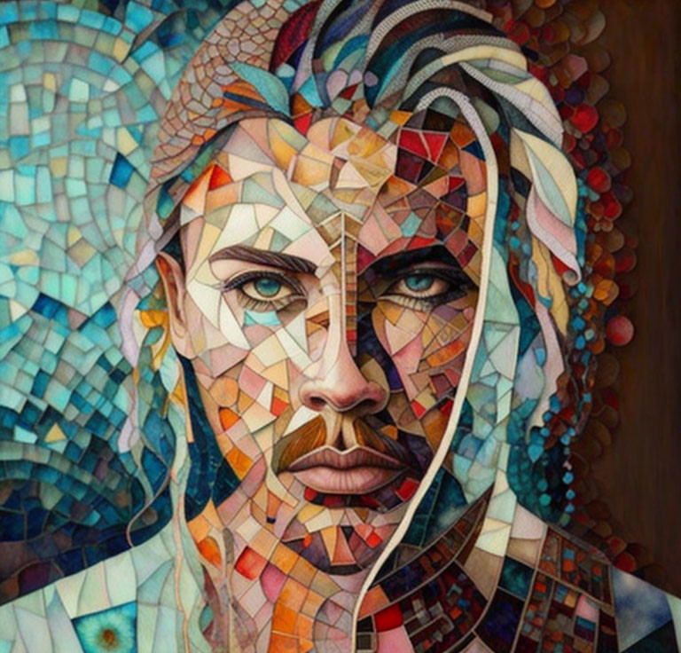 Vibrant geometric mosaic portrait with intricate patterns