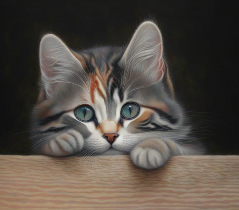 Fluffy striped kitten with green eyes resting on wooden surface