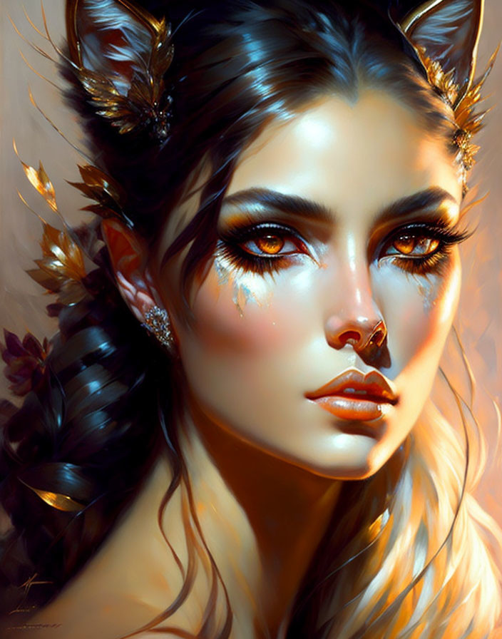 Woman with Feline Features in Warm Autumnal Tones