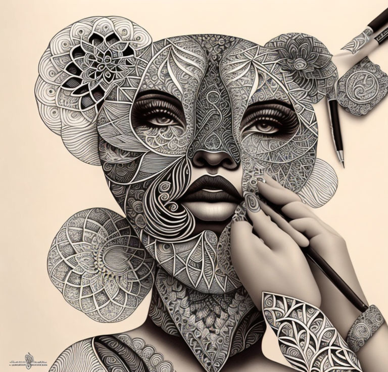 Detailed Black and White Woman Illustration with Mandala Patterns