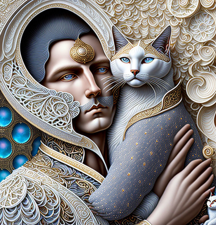 Detailed Illustration: Serene Person with Ornate Headgear Embracing Blue-Eyed Cat