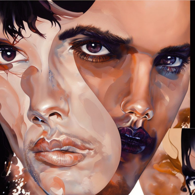 Hyper-realistic painting: Two overlapping faces with detailed features