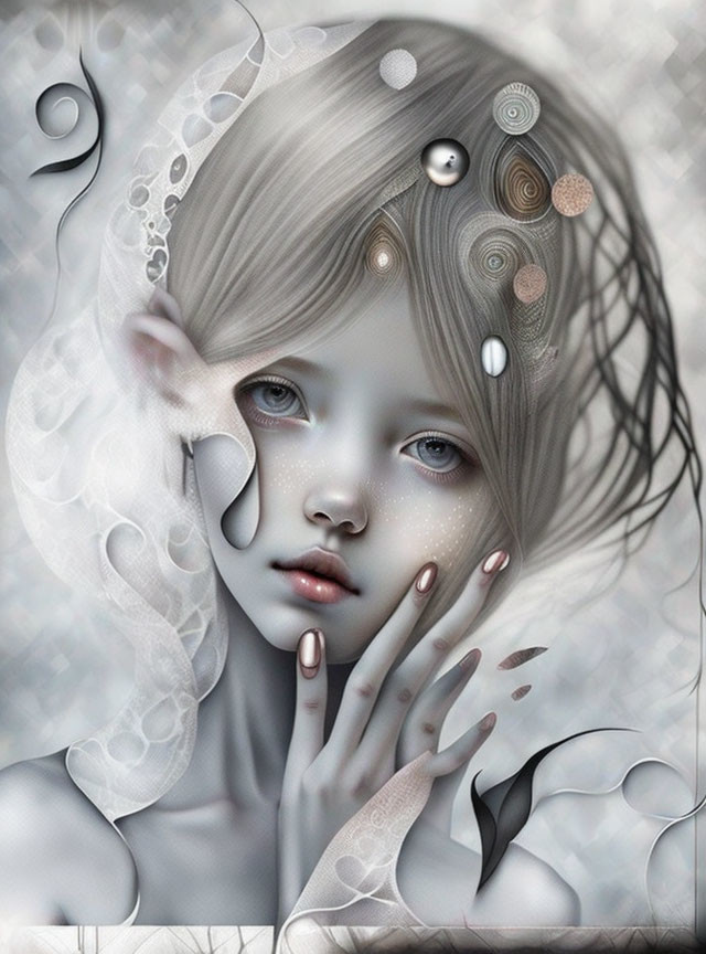 Pale-skinned girl with white hair and freckles in surreal portrait.