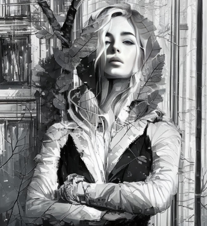 Monochrome illustration of contemplative woman with superimposed leaves against architectural backdrop