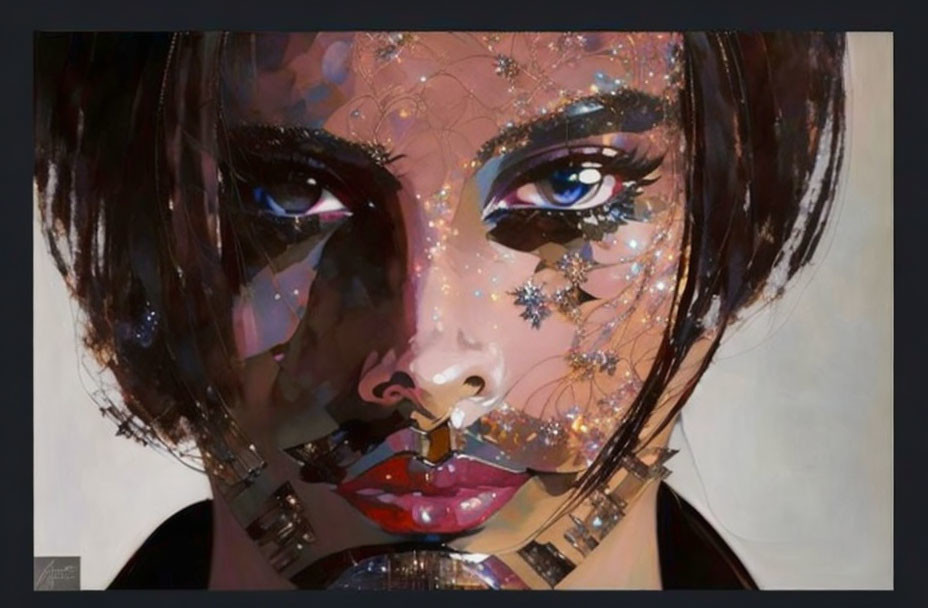 Intricate patterns and sparkles on a mysterious digital portrait