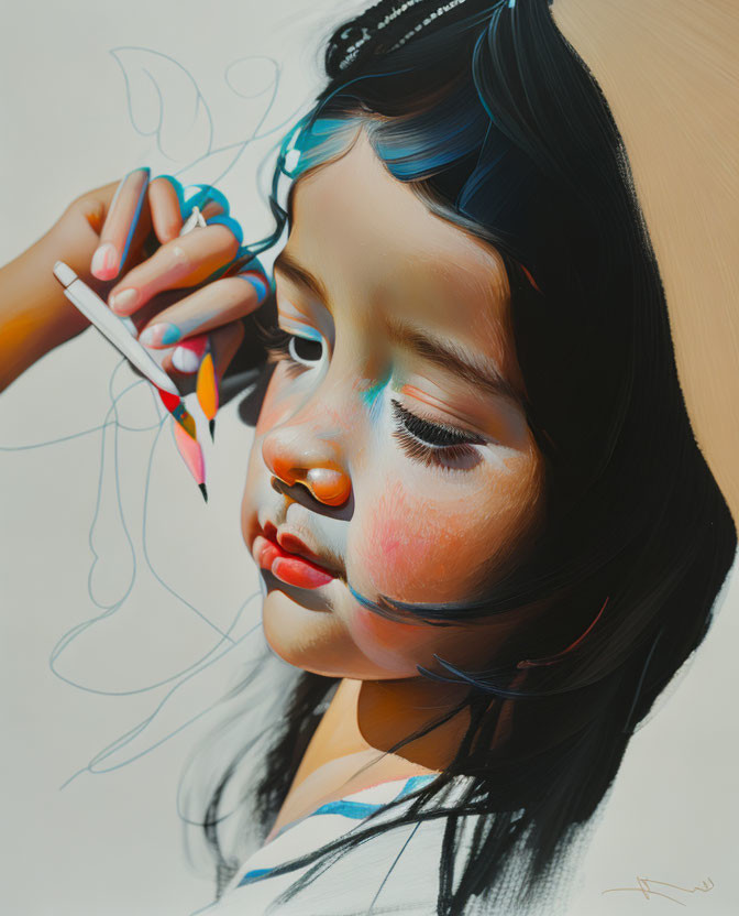 Colorful painting capturing a girl with streaks on her face