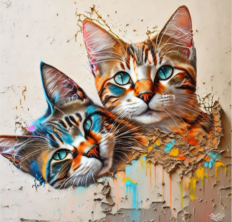 Colorful Street Art: Two Cats with Blue Eyes on Textured Wall