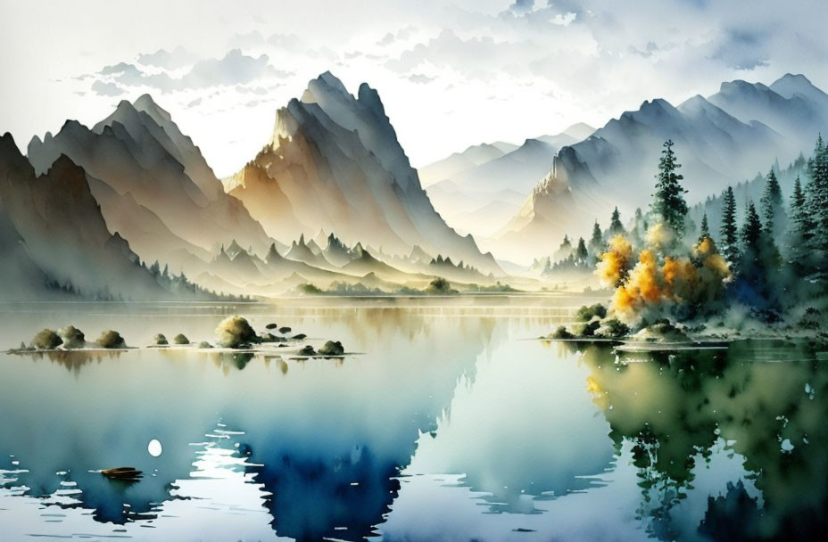 Tranquil landscape: Misty mountains, serene lake, trees, and sunlight