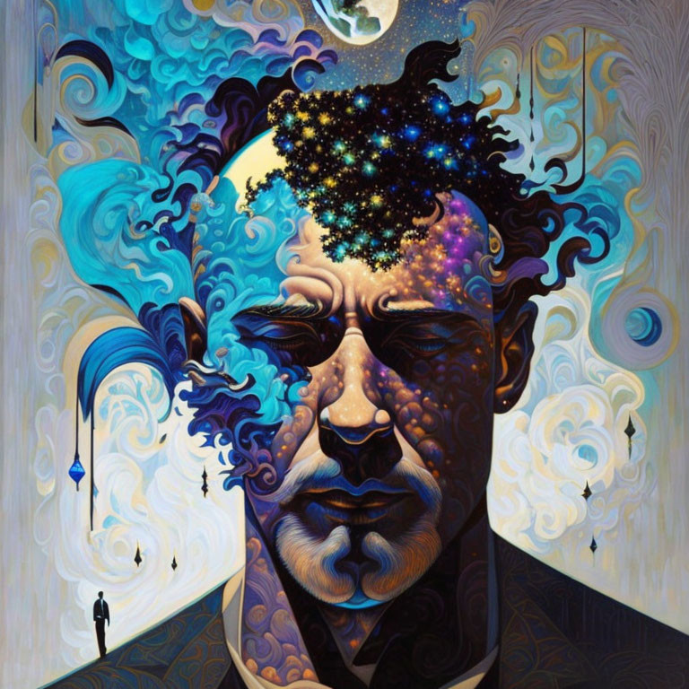 Surreal portrait: person with galaxy and ocean merging into mind