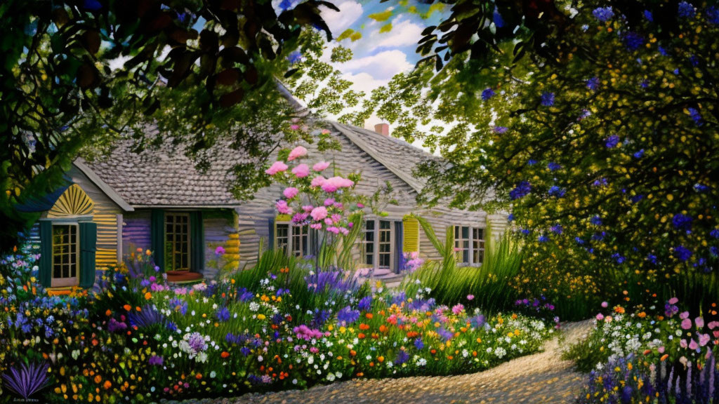 Charming cottage with vibrant garden and clear sky