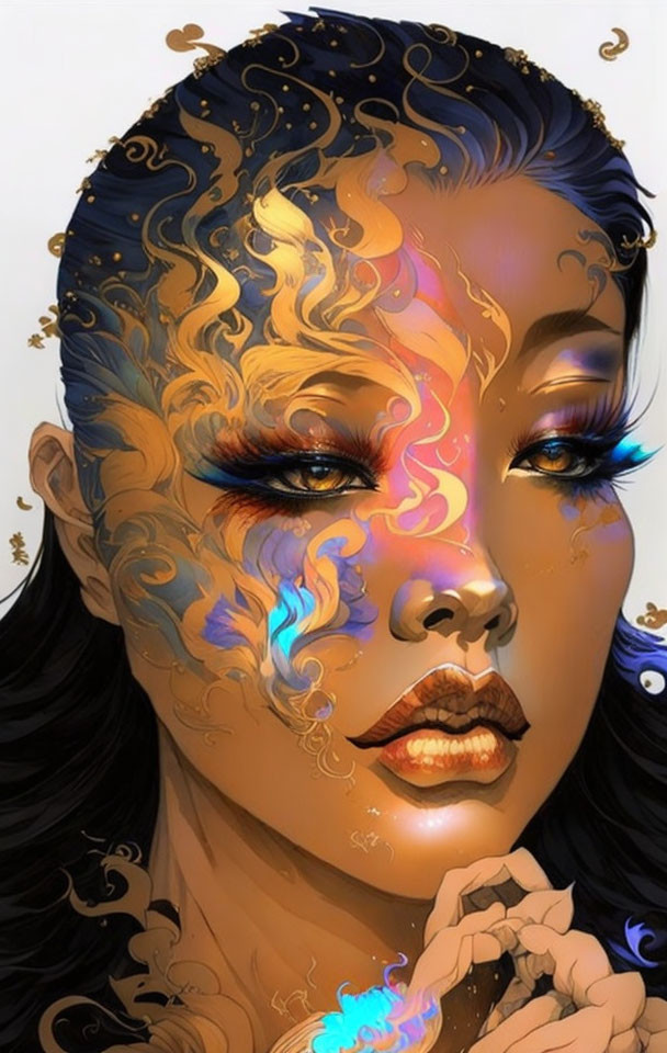 Digital portrait of woman with golden and blue swirling patterns and vibrant makeup