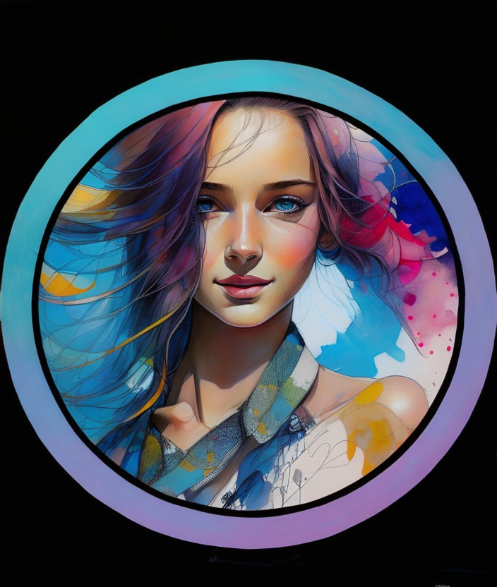 Multicolored hair woman portrait on black background in circular frame