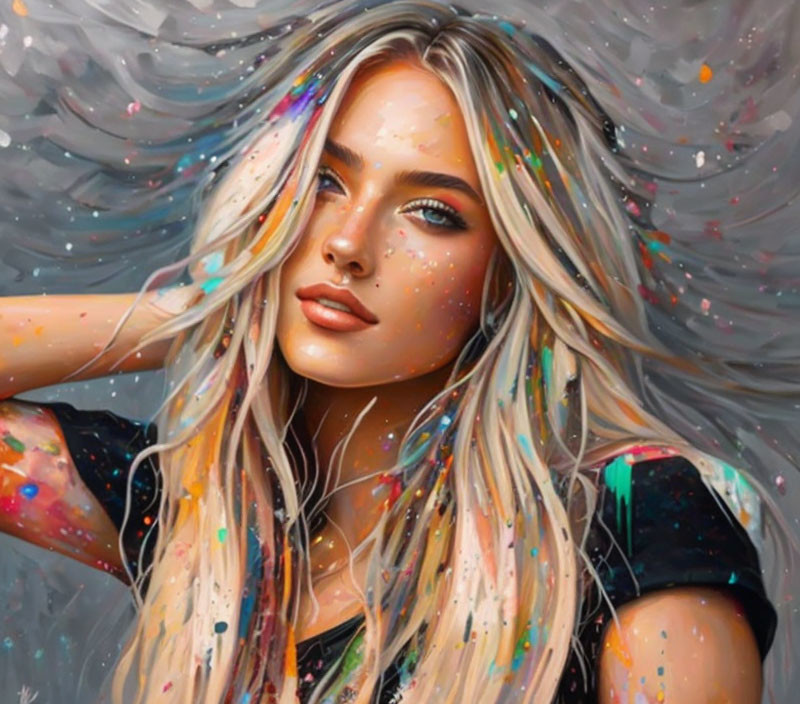 Stylized portrait of woman with blonde hair and colorful paint splatters on grey background