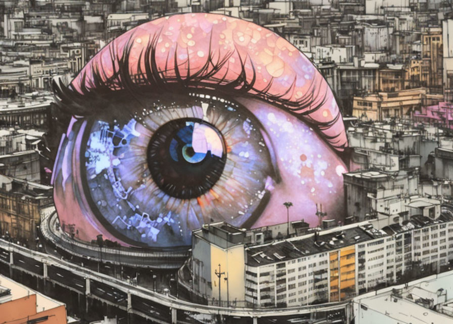 Detailed mural of human eye in urban cityscape