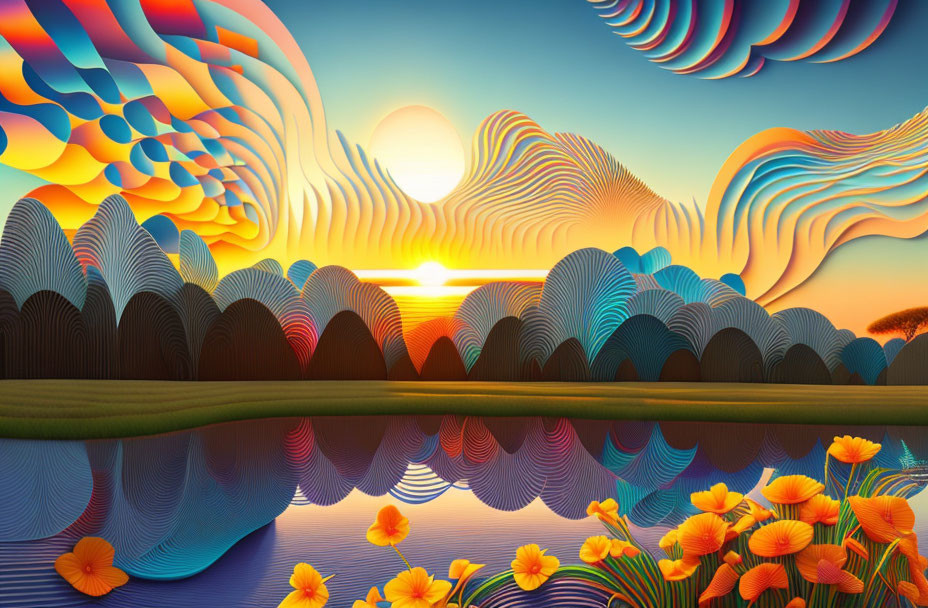 Digital art landscape: sunset, wavy hills, reflective water, colorful flowers