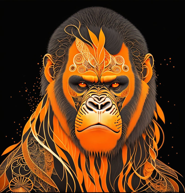 Intricate Orange and Gold Gorilla Artwork on Black Background