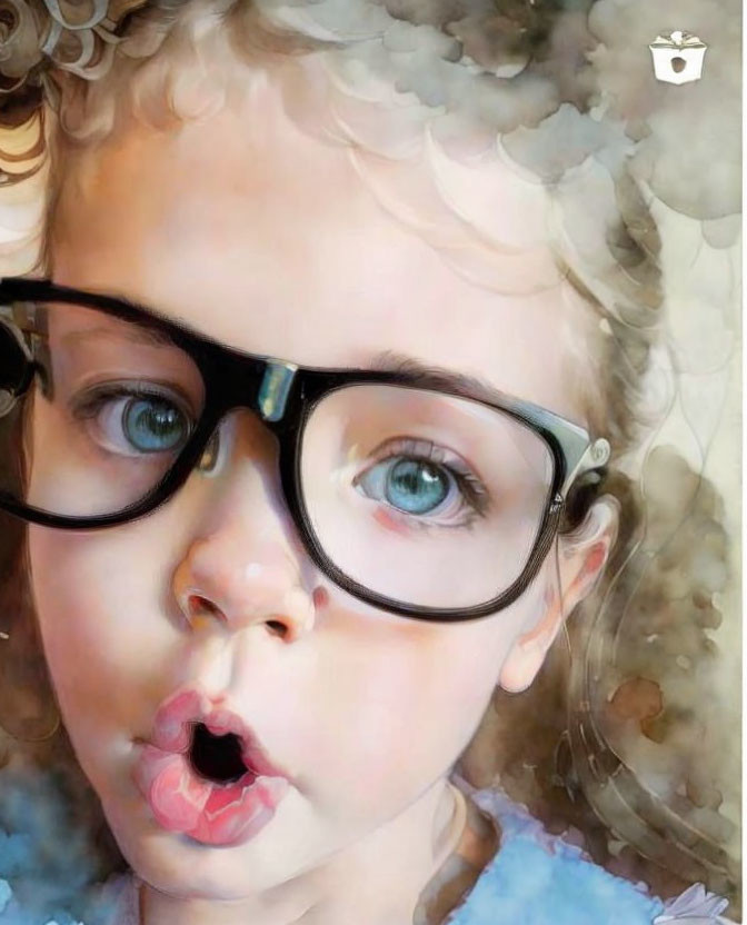 Young Child with Curly Hair in Oversized Black Glasses and Puckered Lips