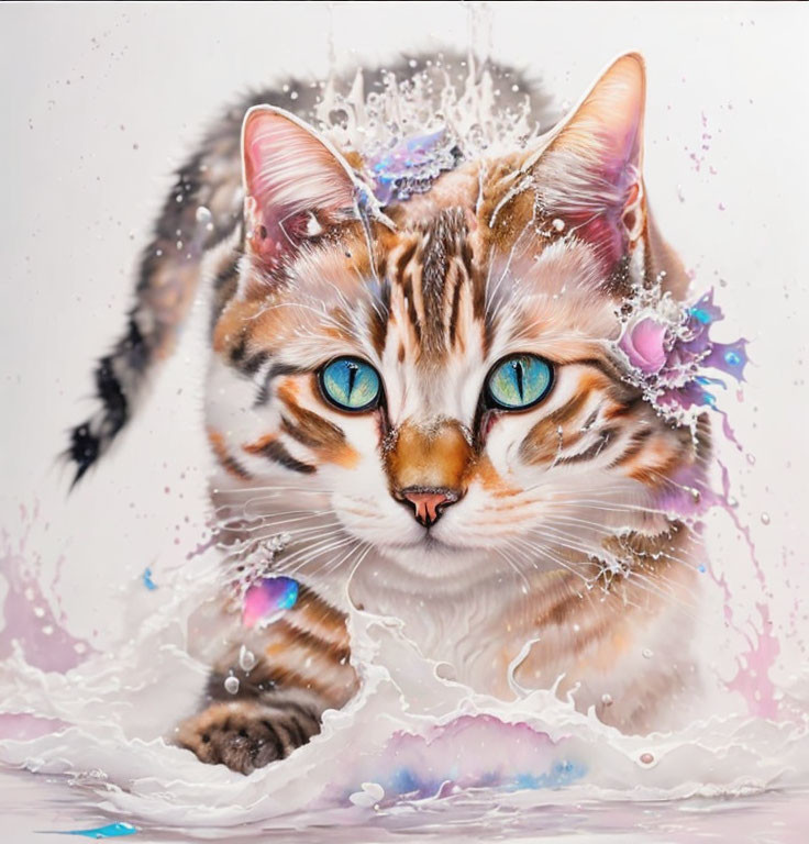 Blue-eyed cat splashed with water and frozen droplets portrait.