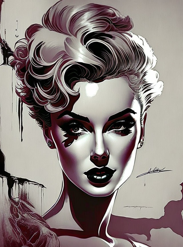 Monochrome illustration of woman with classic hairdo and dramatic makeup