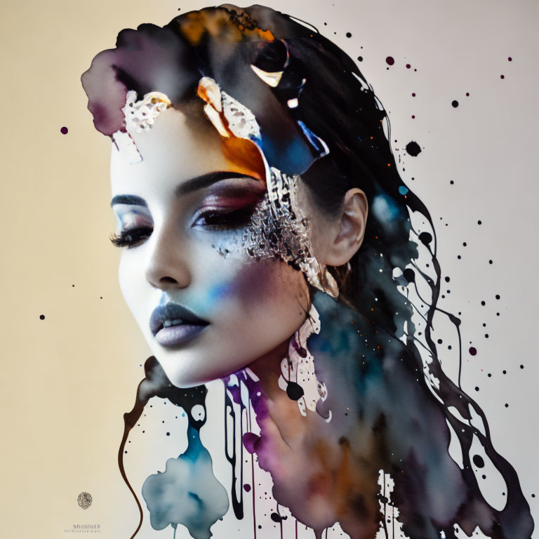 Portrait of woman with face blending into colorful ink-like substance